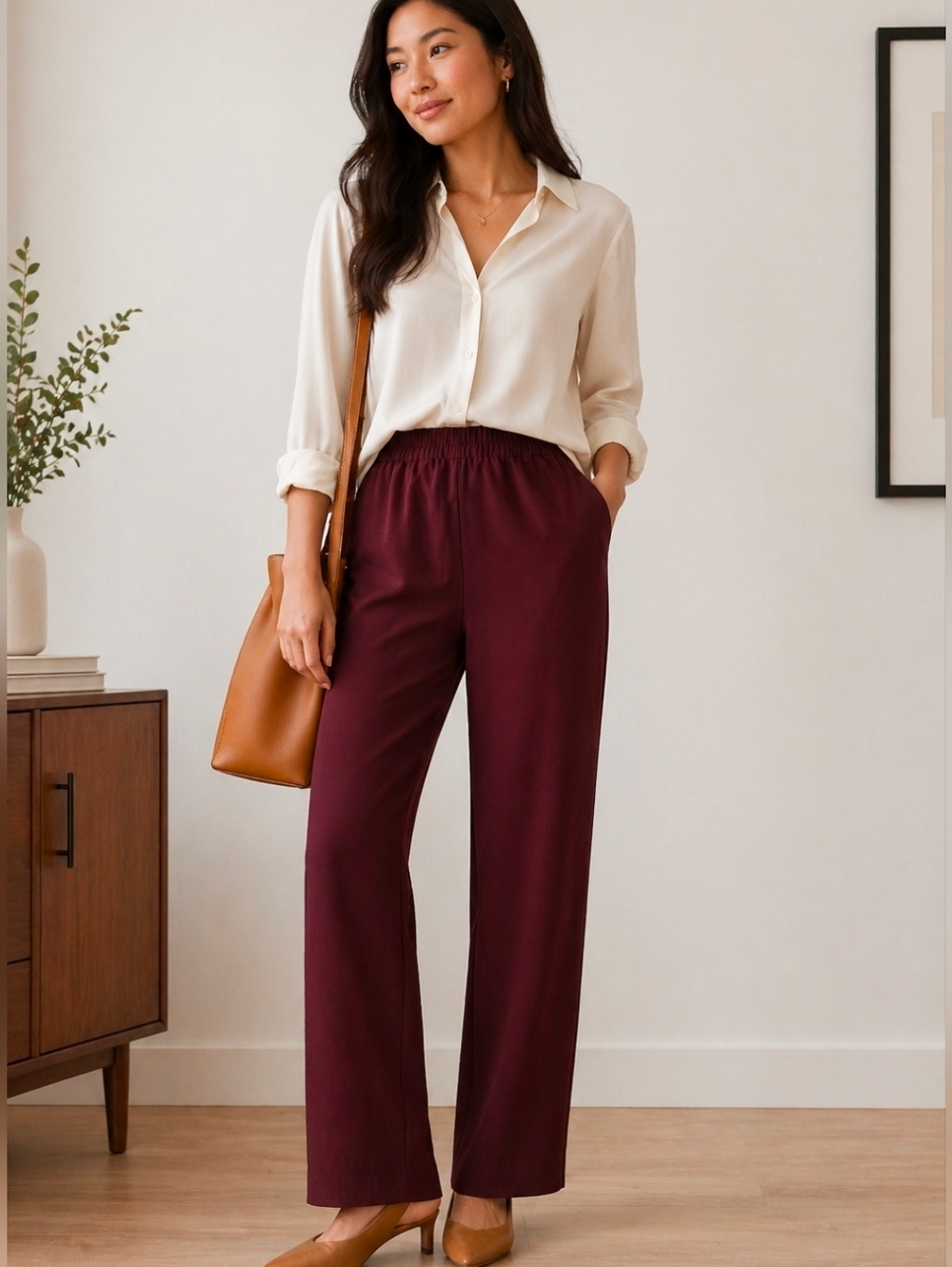 Madewell Pull-On Straight Pants Burgundy Drapey Elastic Waist Work Trouser HO20